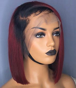 Rilich Hair Custom #1B/Dark Red Virgin Human Hair Blunt Cut Bob Transparent Full Lace Wigs TR103