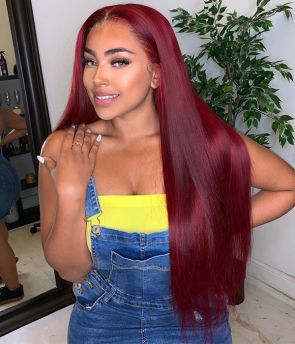 Rilich Hair Virgin Human Hair Burgundy Red Color Silky Straight 13×4 Transparent Lace Front Wigs for Women TR037