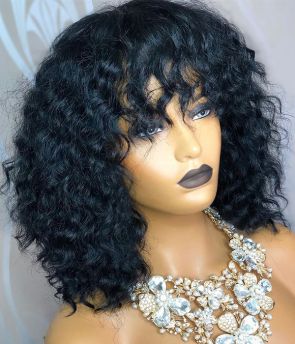 Rilich Hair Virgin Human Hair Wigs Curly Bob 13×4 Transparent Lace Front Wigs With Curly Bangs TR148