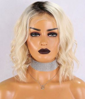 Rilich Hair Virgin Human Hair 13×4 Transparent Lace Front Wig Ombre Color Black Roots/613 Blonde Short Wavy Bob TR040