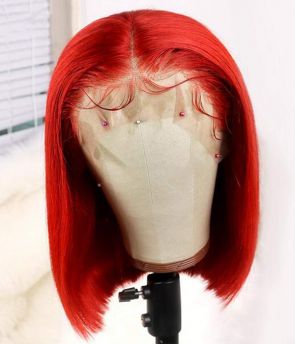 Rilich Hair Pure Bright Red Color Virgin Hair 5×5 HD Lace Front Wigs Straight Bob Bleached Knots TR055