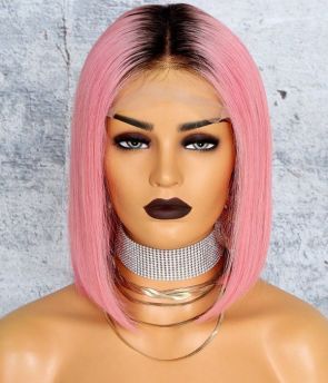Rilich Hair Black Root/Pink Straight Wig Virgin Human Hair 13×4 Transparent Lace Front Wigs Blunt Cut Bob TR042