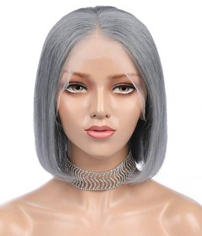 Rilich Hair Silver Grey Bob Virgin Hair Straight Pre-Plucked Glueless 13×4 Transparent Lace Front Wigs TR132